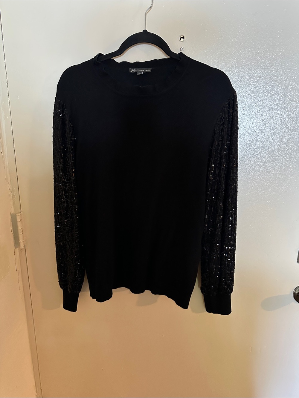 Adrianna Papell Black Knit Sequin V-Neck Pullover Sweater Long Sleeve Women's L